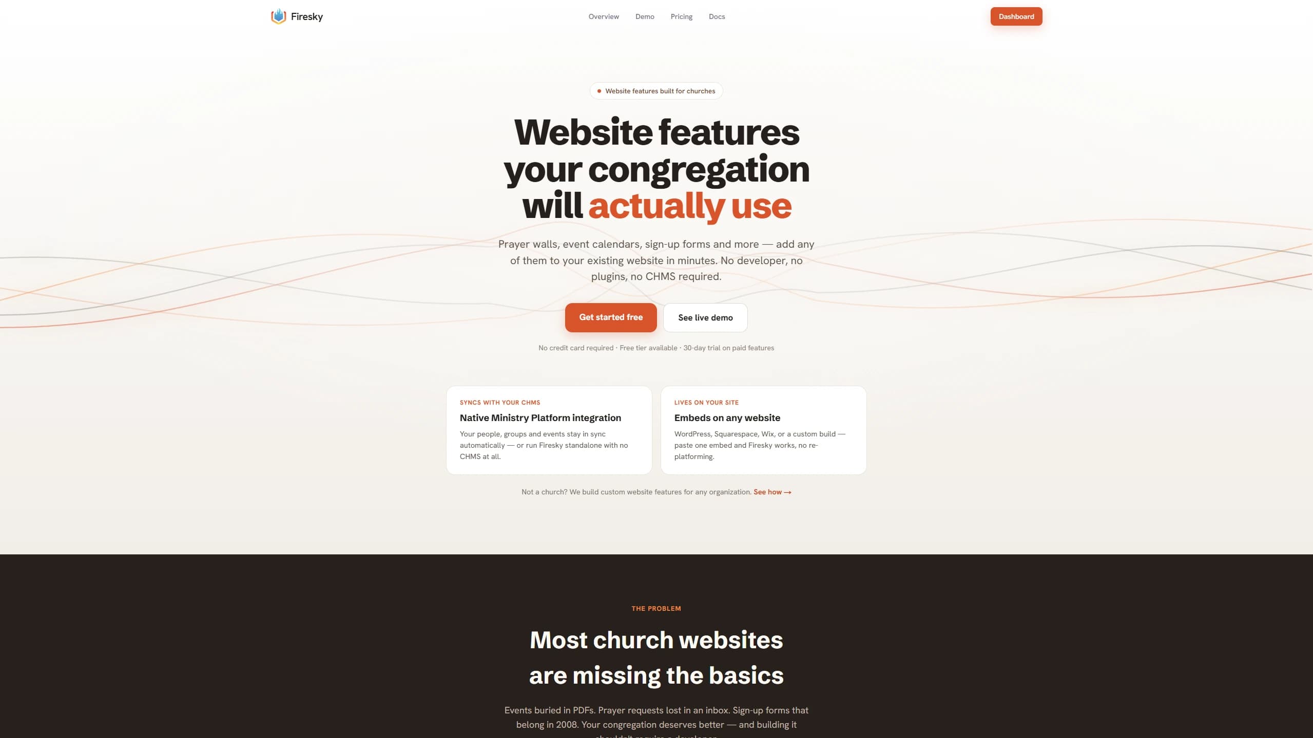 Firesky marketing homepage with product overview and call to action.